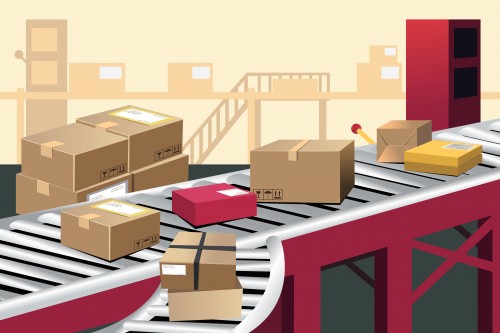 A vector illustration of automated shipment in a warehouse