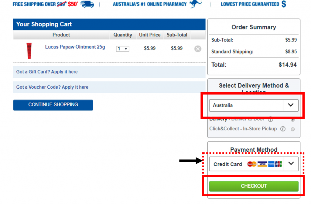澳洲山羊奶Goat Soap網購教學4：送達國家點選「澳洲Australia」，再選擇付款信用卡（可先以 Paypal付款，無法付款成功在試試用信用卡直接輸入），再點選「CHECKOUT 」進行結帳