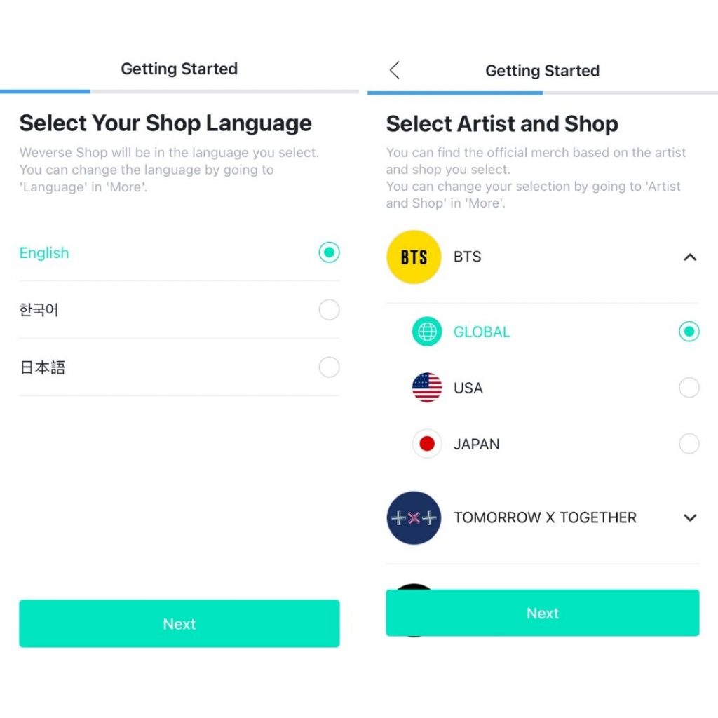 Weverse Shop 網購集運教學 Step 2：選擇 APP 語言、韓國藝人及商店