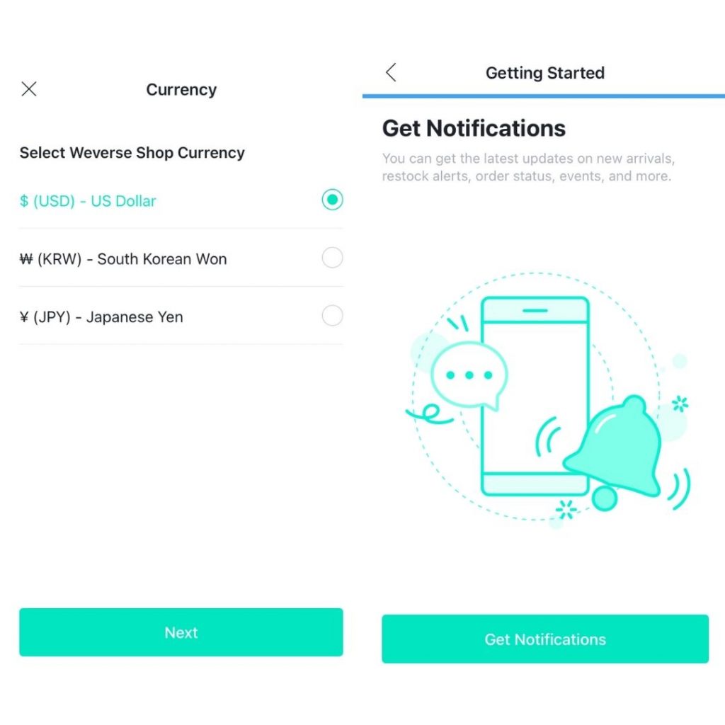 Weverse Shop 網購集運教學 Step 3：選擇貨幣，及選擇信息通知設定
