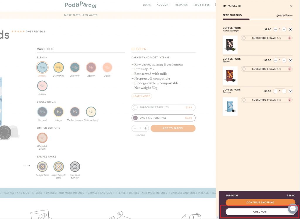 澳洲Pod & Parcel網購教學2：點擊右上角購物車，檢查訂單後，選擇「Checkout」