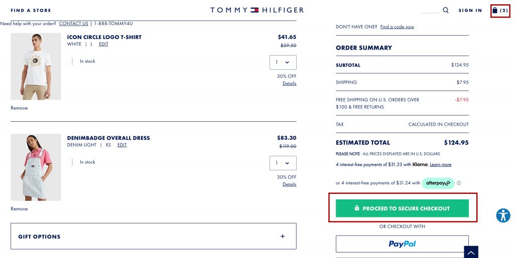Tommy Hilfiger美國官網代運教學Step 4：完成挑選之後，點擊右上角的購物袋進入購物車頁面，再點擊「PROCEED TO SECURE CHECKOUT」。