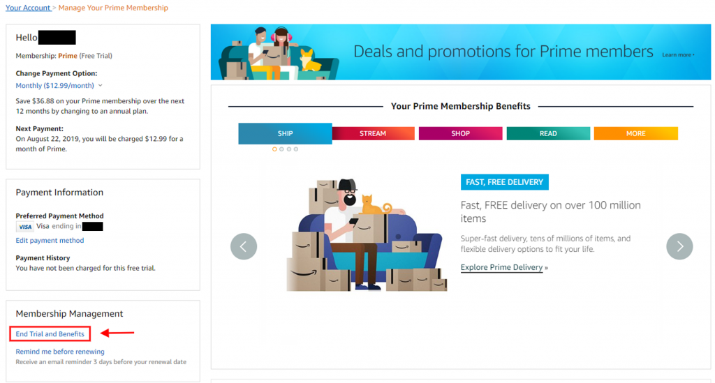 Prime會員取消教學1-登入Amazon帳號，進入Prime頁面按「End Trial and Benefits」取消會員
