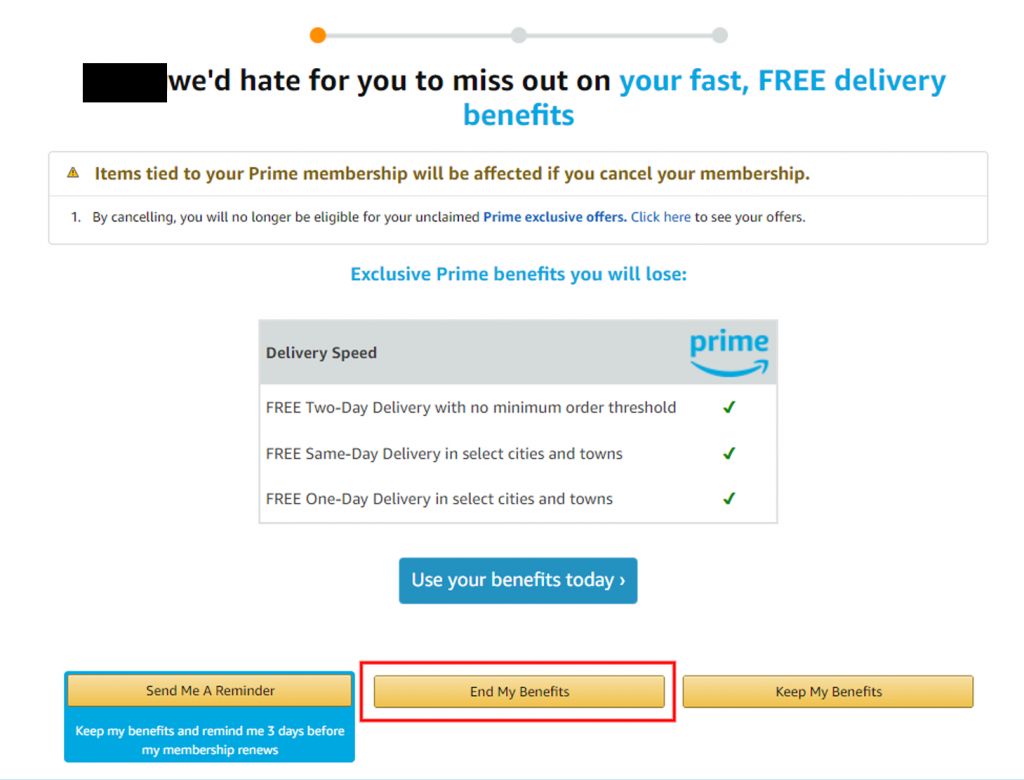 Prime會員取消教學2-堅持按下「End My Benefits」