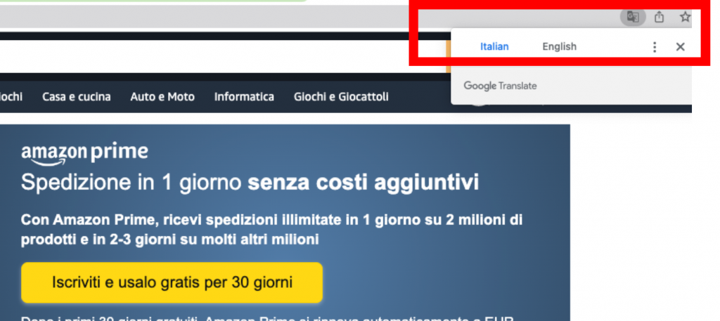 義大利 Amazon 註冊教學1-進入登記頁面，使用瀏覽器的翻譯功能將介面切換到英文