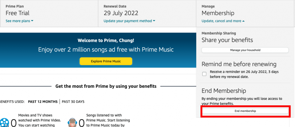 Prime會員取消教學1-登入Amazon帳號，進入Prime頁面按「End Trial and Benefits」取消會員
