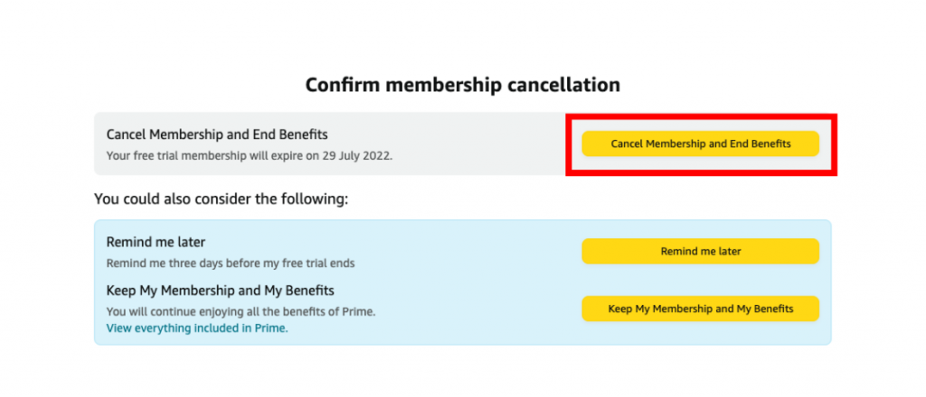 Prime會員取消教學3-繼續點擊「Cancel Membership and End benefits」