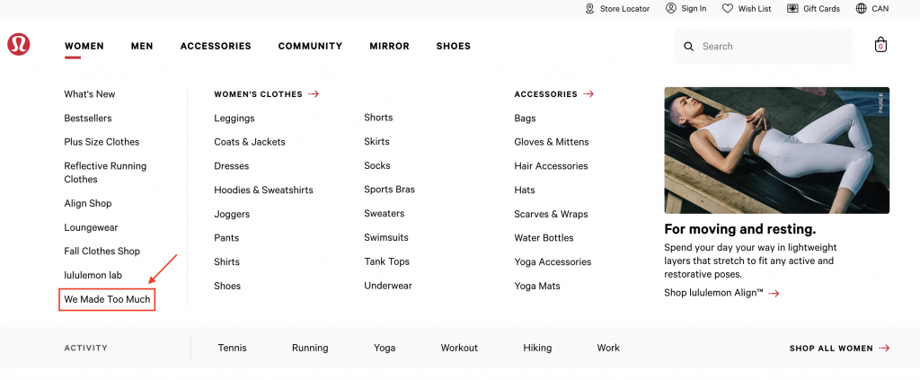 如何前往Lululemon 「We Made Too Much」特價區