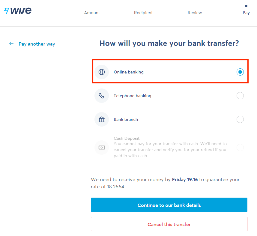 Wise海外轉帳付款教學Step 5：選擇網上轉帳。
