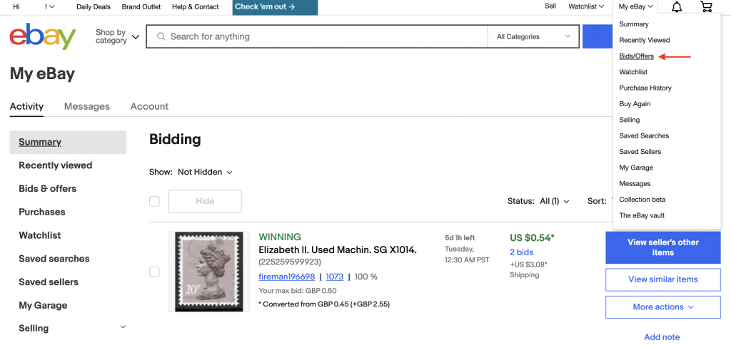 eBay購物教學-以競標方式下單4-可於網頁右上方查看拍賣紀錄