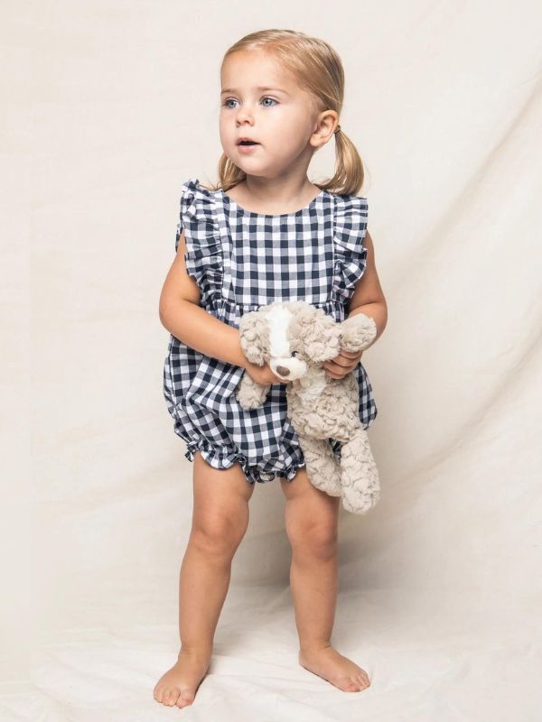 Navy Gingham Ruffled Romper