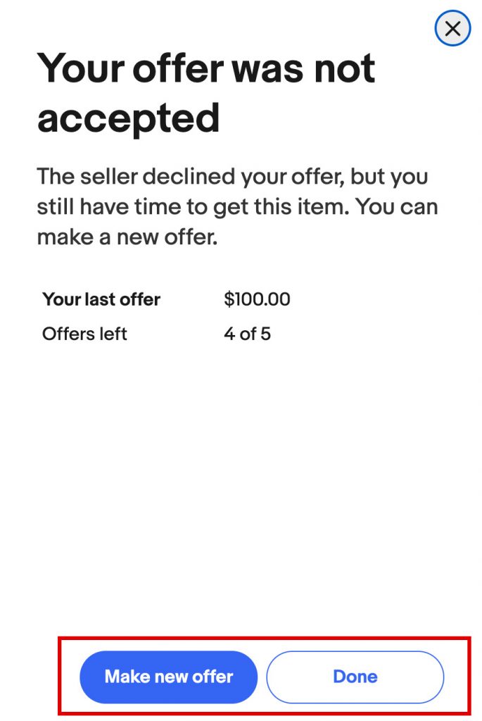 eBay購物教學-以議價方式下單5-：若賣家不接受你的出價可以選擇「Make new offer」重新出價/或者點擊「Done」結束議價