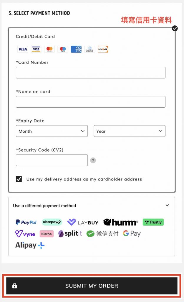 Coggles上購買商品教學6：可選擇以信用卡或其他方式付款。填好付款資料後，點擊「Submit My Order」。