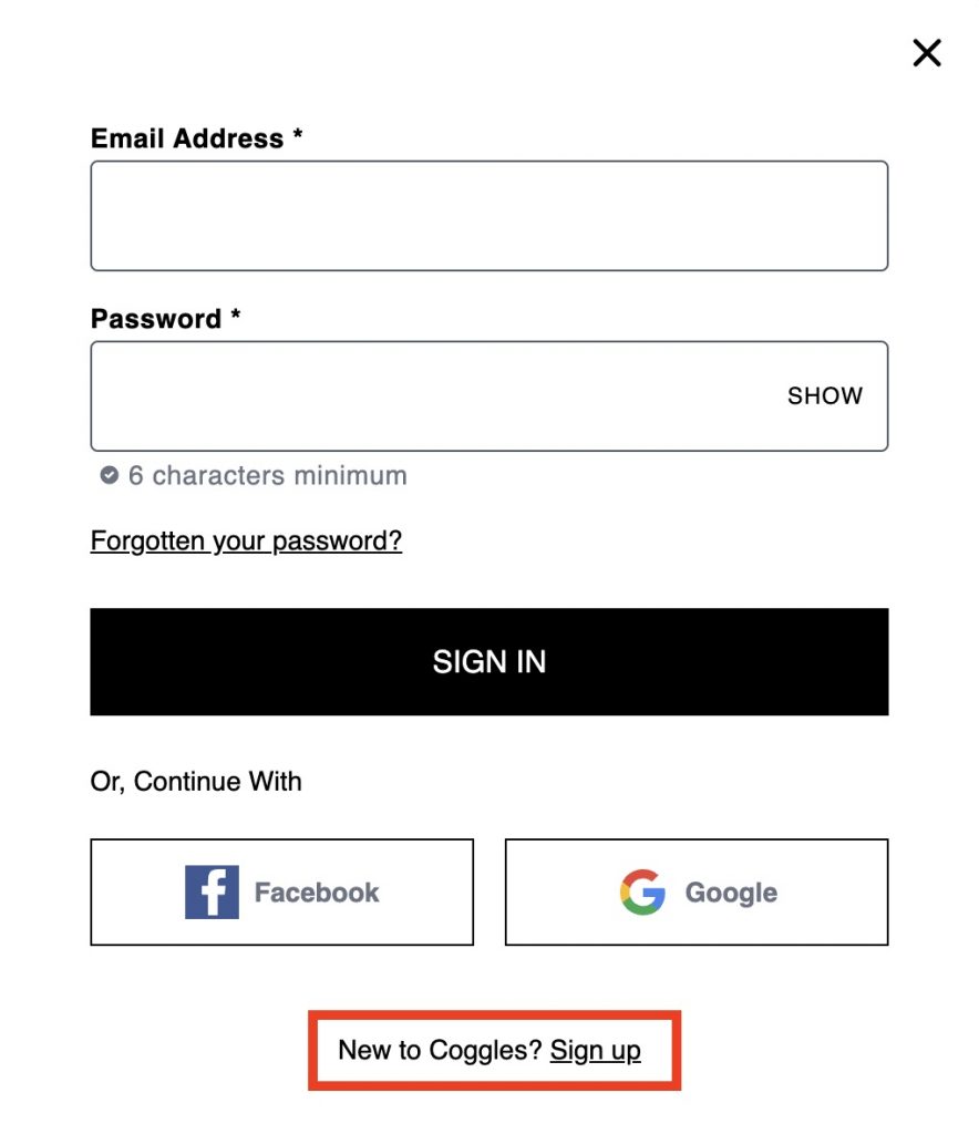 如何註冊Coggles會員帳號Step 2：新會員可按底下的「Sign up」進行註冊。