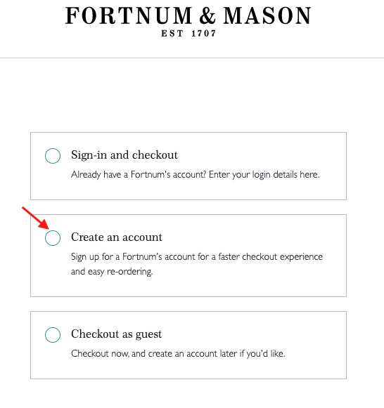 英國 Fortnum & Mason 網購教學4-點擊「Create an account」成為網站會員