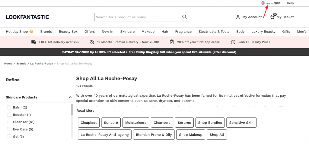  Lookfantasic網站購買La Roche-Posay教學1-前往 Lookfantasic的La Roche-Posay專區，於頁面右上點選瀏覽英國官網