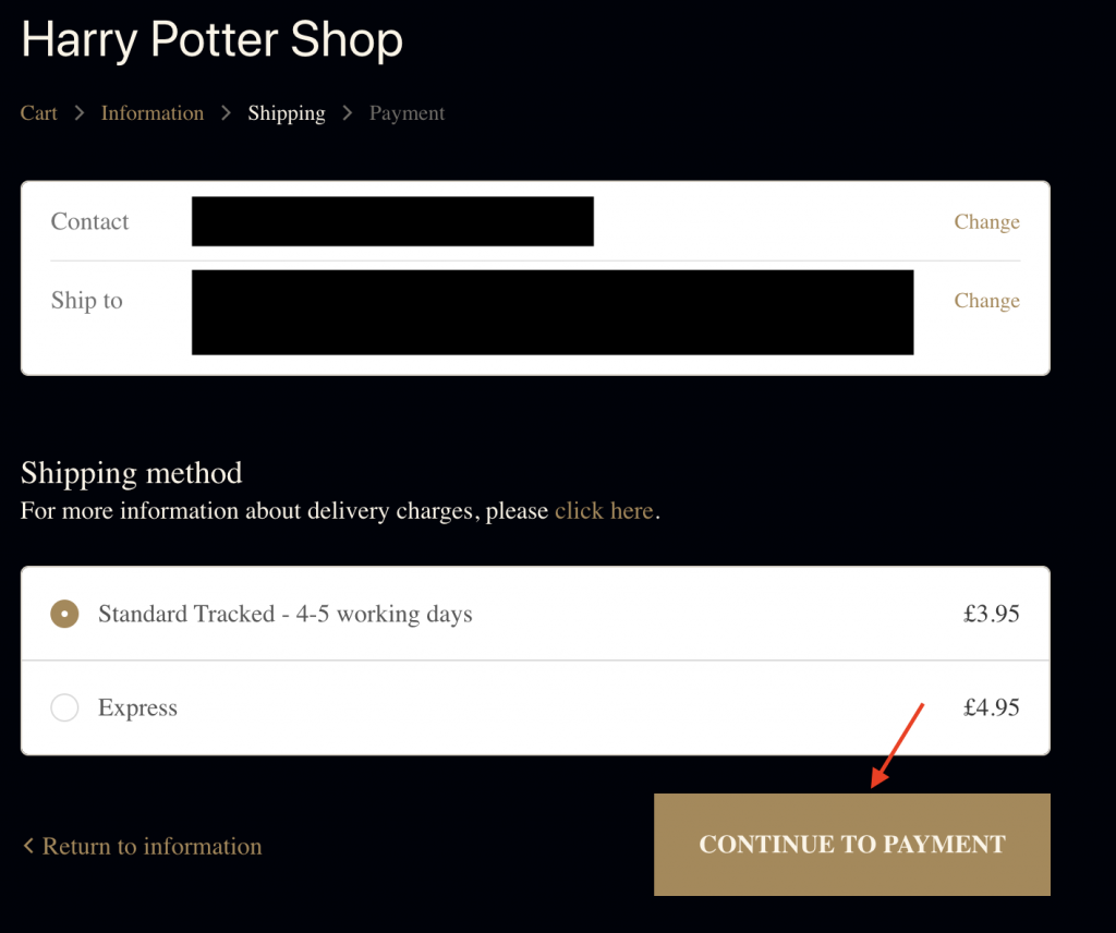 Harry Potter UK Shopping Tutorial 9: shipping method