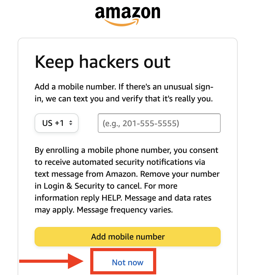 美國 Amazon 註冊教學4-輸入你的電話號碼 或 點擊 「Not Now」跳過電話驗證