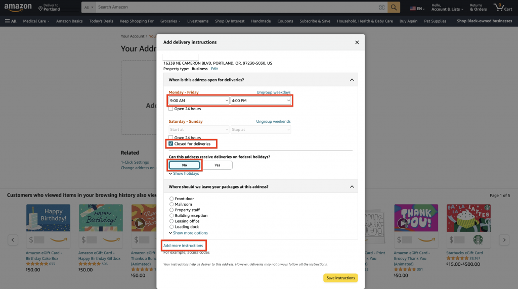 Setting up Steps to Prevent Lost Amazon Shipments: Add Delivery Instructions