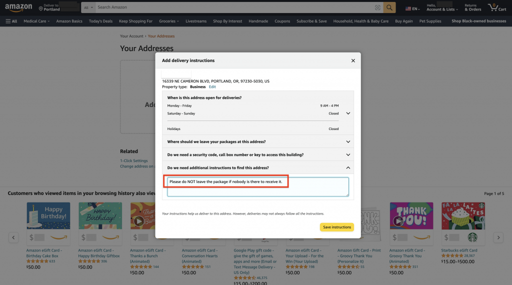Setting up Steps to Prevent Lost Amazon Shipments: Input 'Do Not Leave the Package if Nobody is There to Receive It'