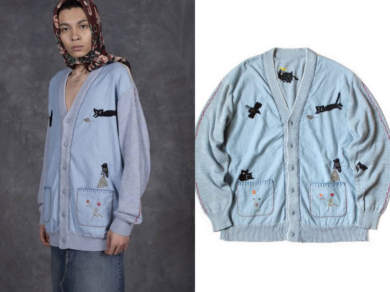 針織 × Chambray 拼接開襟衫（烏鴉與貓刺繡）