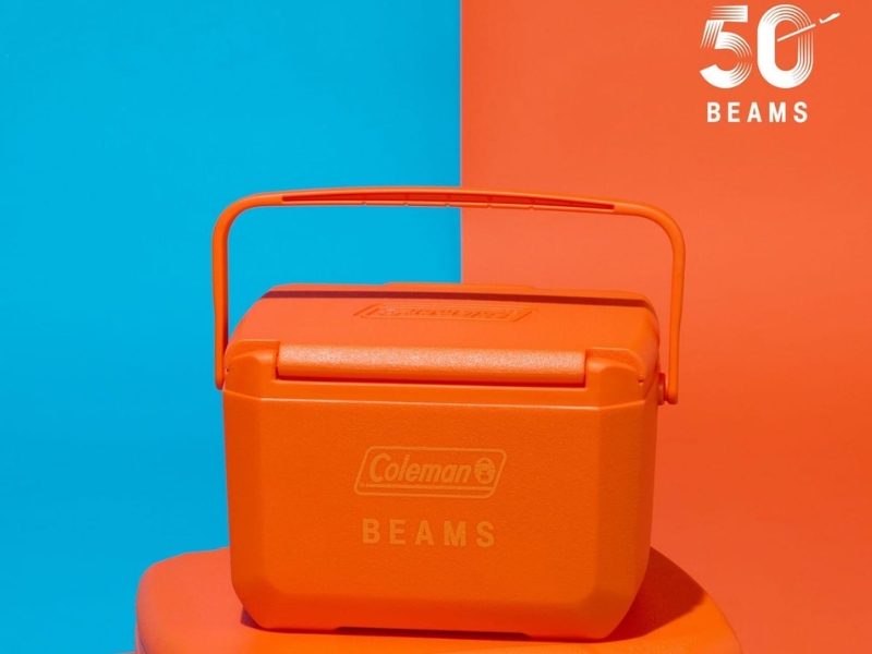 Beams 50th Anniversary exclusive Coleman Take 6 bright orange cooler box, a 2026 limited outdoor gear from the Beams Japan online store.