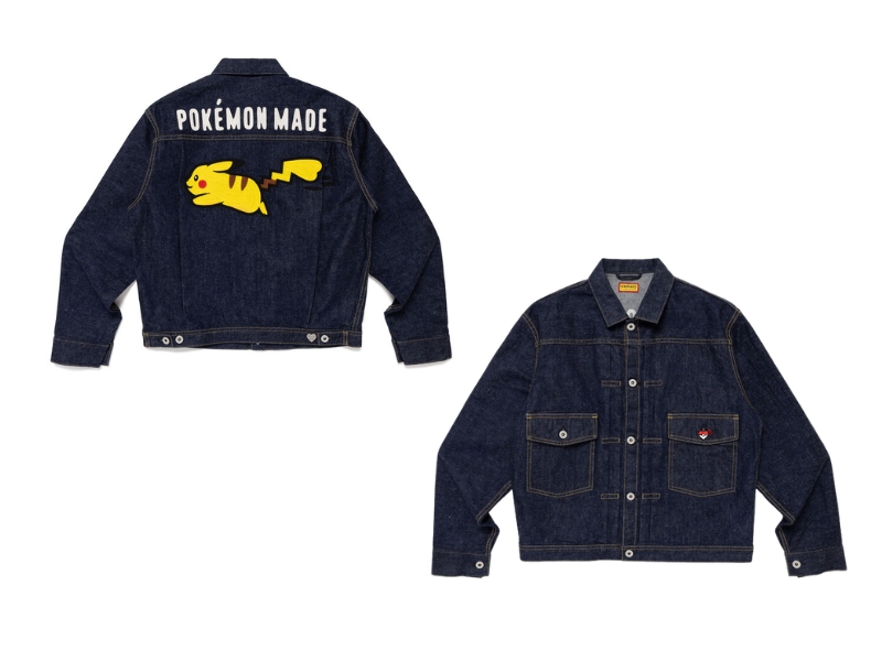 HUMAN MADE x Pokemon Pikachu Denim Jacket featuring vintage wash and back print