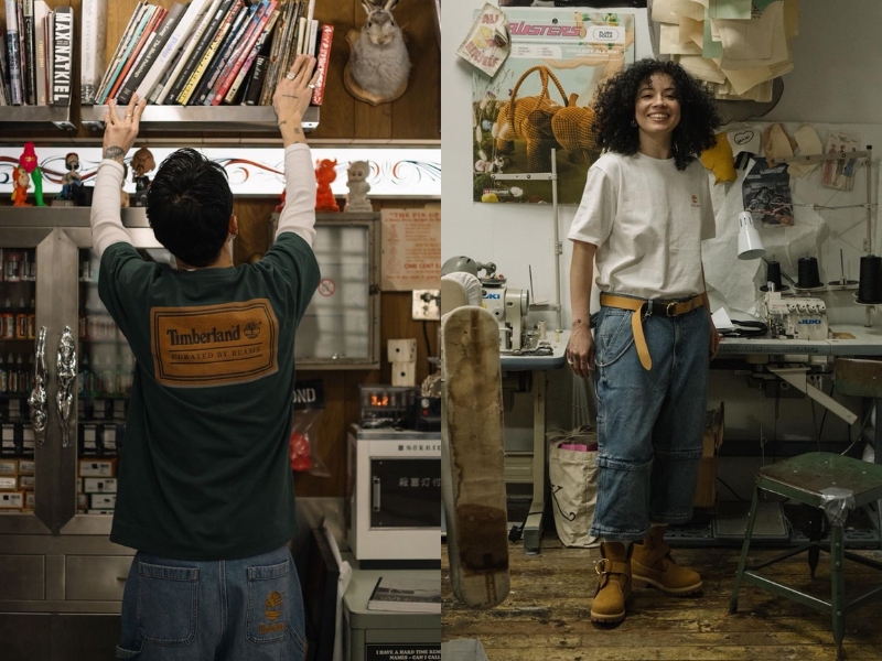 Model wearing a Timberland x Beams exclusive short-sleeve t-shirt, easily shipped from the Beams official website to Malaysia using Buyandship.