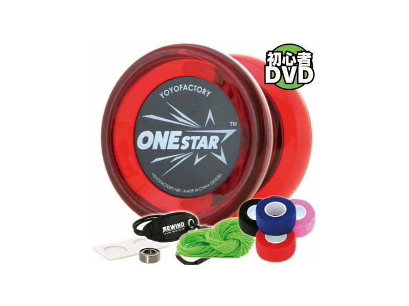 YoYoFactory ONESTAR 7-piece beginner yo-yo set including replacement strings, finger protector, and tutorial DVD.