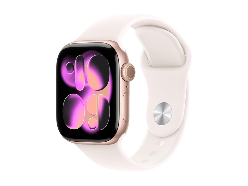 Apple Watch Series 11 GPS 42mm smartwatch with rose gold aluminum case and light blush sport band