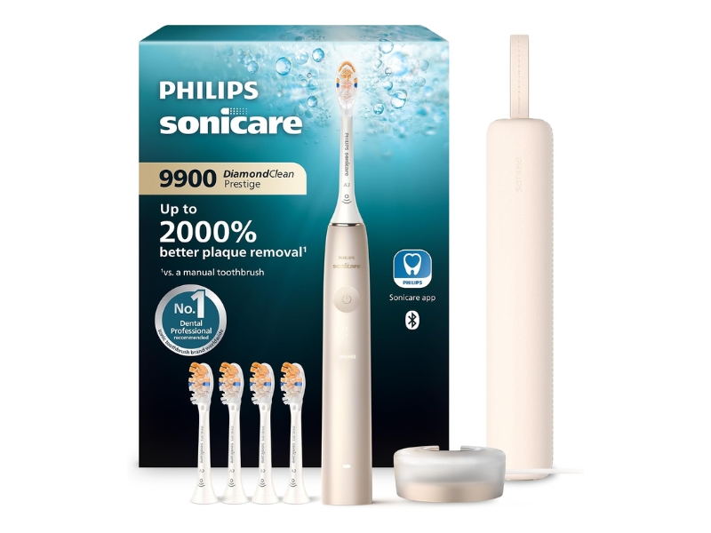 Philips Sonicare DiamondClean 9900 Prestige electric toothbrush in champagne with 5 brush heads and charging travel case