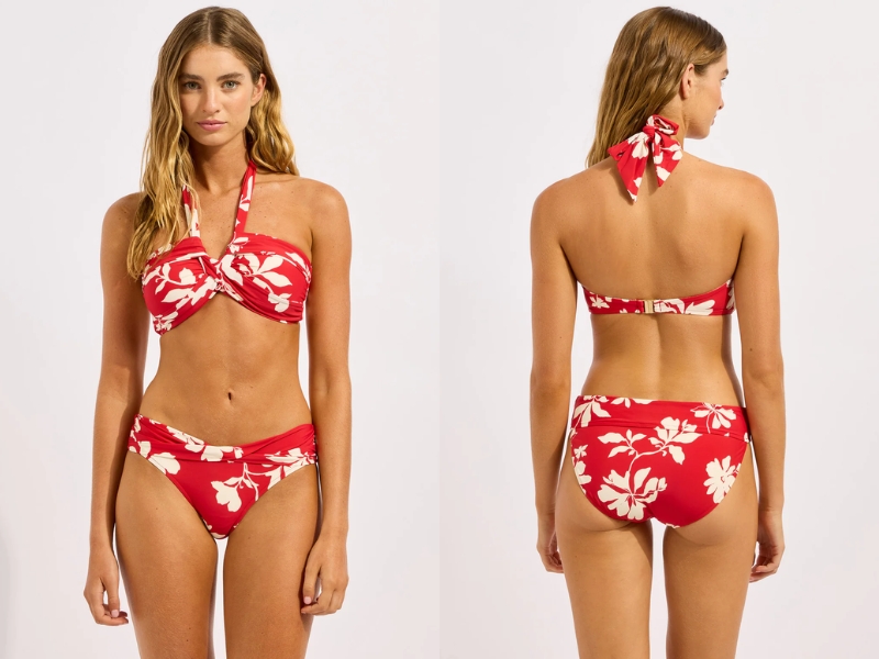 Seafolly Mayflower halter bandeau bikini top with vintage print and anti-slip support