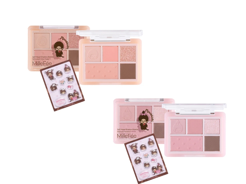 MilleFée x Monchhichi limited edition eyeshadow palette featuring cute character packaging and versatile matte and shimmer shades.