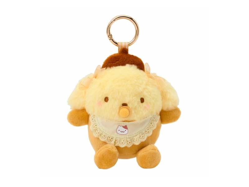 Sanrio Pompompurin baby plush mascot keychain featuring a pacifier, printed bib, and carabiner bag charm.
