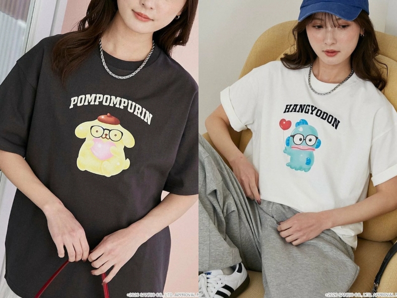 Sanrio Characters college style oversized 100% cotton T-shirt featuring vintage glasses graphic print with flocked lettering.