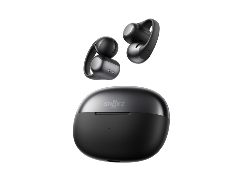 Shokz OpenDots ONE ear cuff wireless earbuds in black featuring open-ear design, Dolby Audio, and 40-hour playback