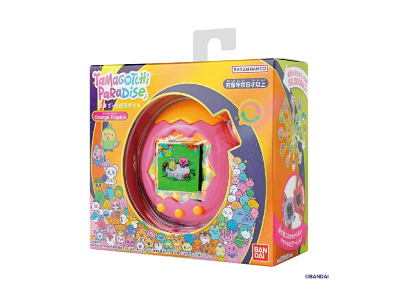 Bandai Tamagotchi Paradise Orange Tropics virtual pet toy featuring a new zoom dial design, tropical orange shell, and physical connection features.