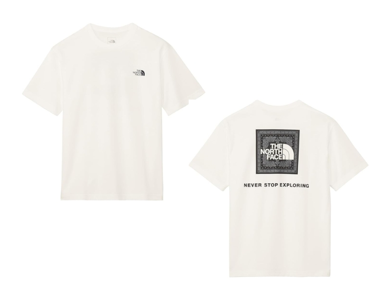 The North Face men's short sleeve t-shirt featuring a bandana patterned square logo on the back and quick-drying fabric