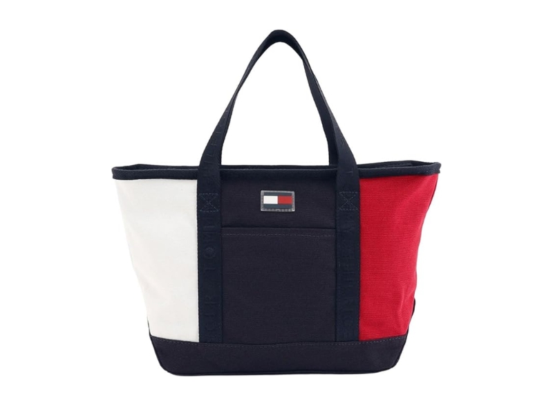 Tommy Hilfiger online exclusive small canvas tote bag in signature red white and navy colors with zipper closure