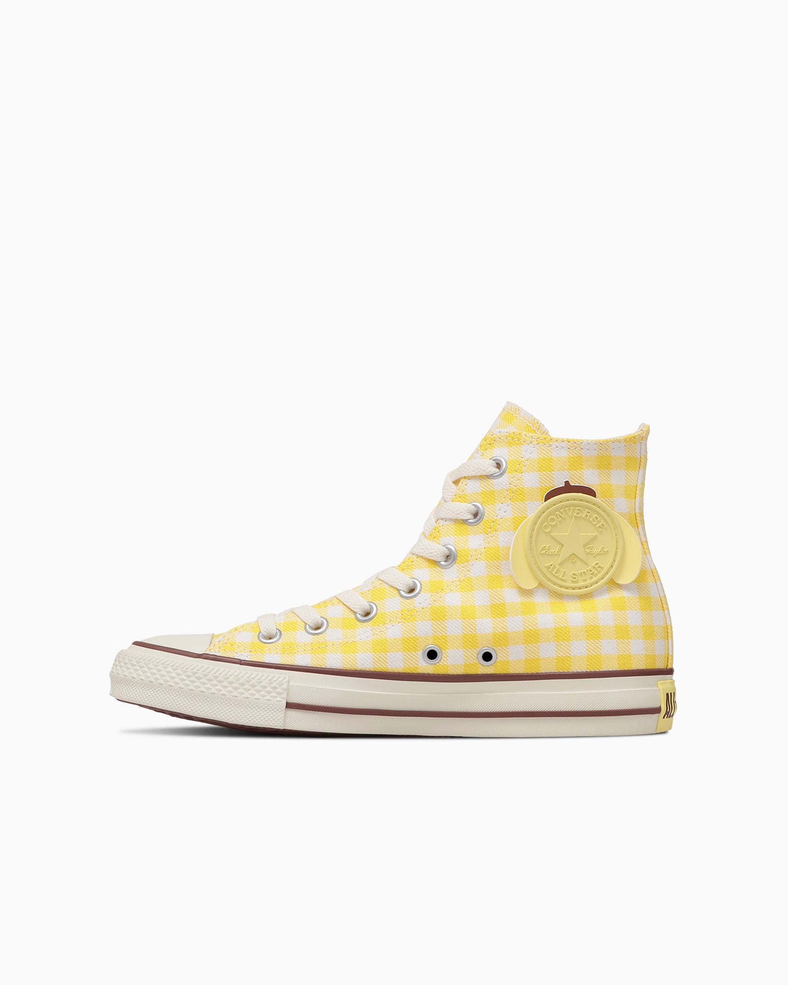 CONVERSE Japan x Sanrio ALL STAR HI Pompompurin high-top sneakers in yellow gingham check with embroidered face ankle patch and printed heel label