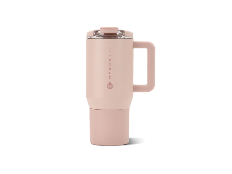 HydroJug 20oz Coffee tumbler in Dusty Rose, a grey-pink insulated stainless steel travel mug with a multi-functional leakproof lid.
