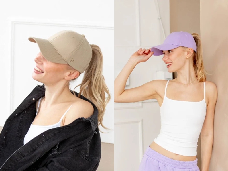 Ponyback Everyday Fit ponytail baseball cap in black, structured stretch cotton hat with patented magnetic back opening