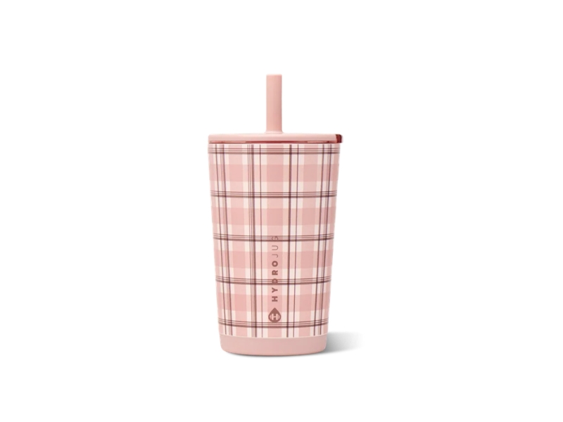 HydroJug 14oz Everyday tumbler in Pillow Talk Plaid, featuring a pink plaid pattern, ergonomic handle, and leakproof straw lid.