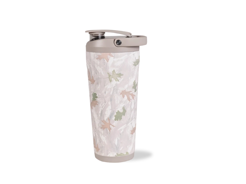 HydroJug 24oz Insulated Shaker in Camo, a camouflage print double-wall stainless steel shaker bottle designed for mixing protein shakes.