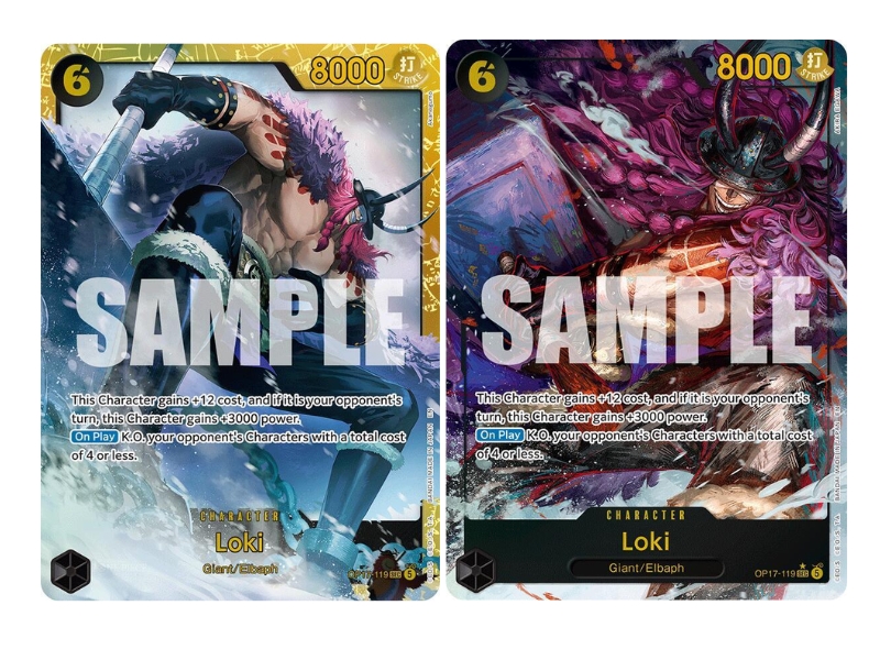 One Piece Card Game OP-17 Secret Rare Loki OP17-119, the core enabler of the black Elbaph package, making his card game debut.