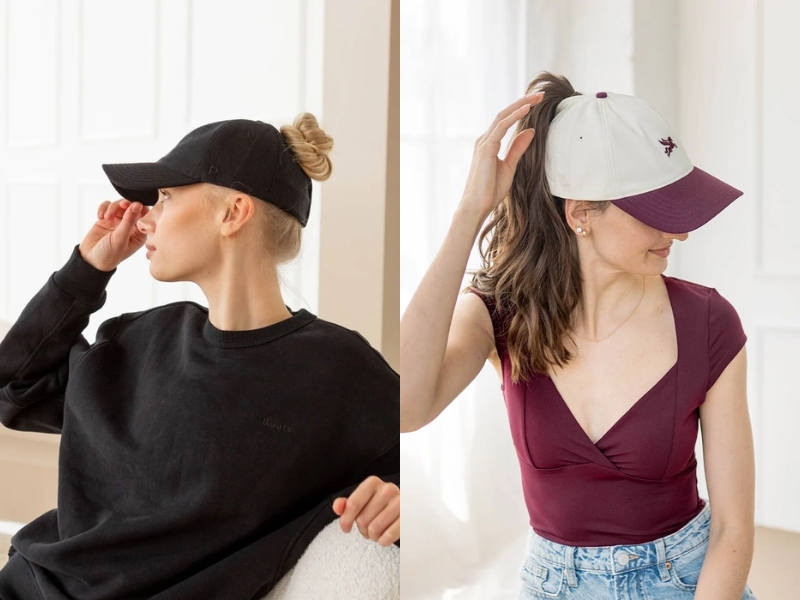 Ponyback Relax Fit low profile ponytail cap in black and creme, soft unstructured everyday hat with magnetic opening