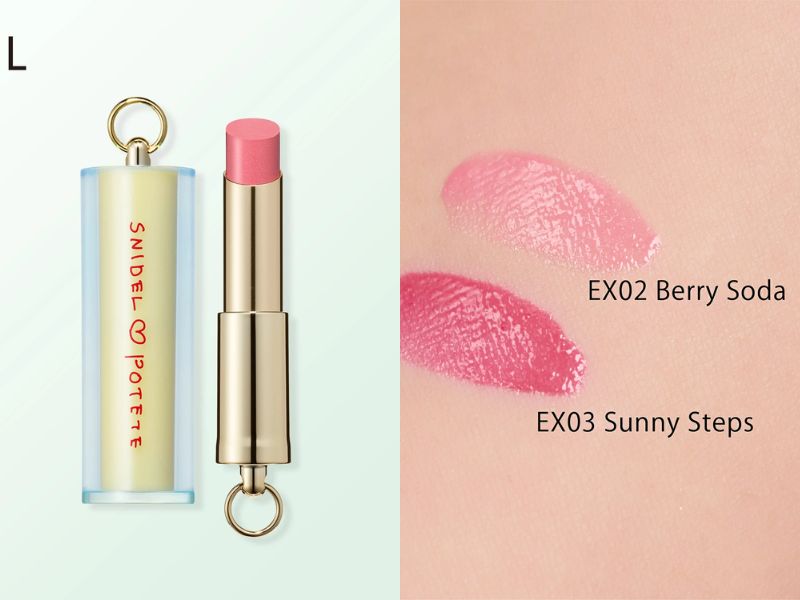 SNIDEL BEAUTY x POTETE Melting Color Balm lip tint in gingham check case with fruit charm, sheer moisturising berry and coral summer shades.