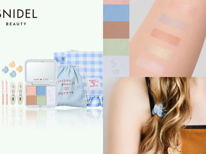 SNIDEL BEAUTY x POTETE limited edition kit with Sun-Kissed Escape eyeshadow palette, highlighter and finishing powder plus oval hair clips and mini hair pins in gingham check packaging.
