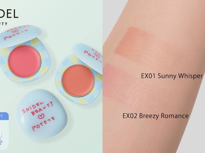 SNIDEL BEAUTY x POTETE Tap On Glow Jelly cheek and lip tint in compact jar, buildable glossy jelly texture in warm beige and mauve pink shades.