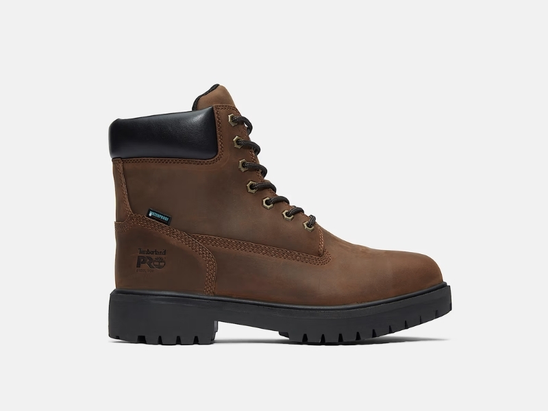 Timberland PRO Direct Attach 6-inch steel toe waterproof leather work boot in brown.